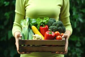 ai generado mujer vistiendo guantes con Fresco vegetales en el caja en su manos. cerca arriba. generativo ai. foto