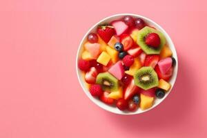 AI generated Bowl of healthy fresh fruit salad on pink background, top view. generative ai. photo