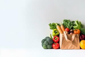 ai generado entrega sano comida antecedentes. vegano vegetariano comida en papel bolso vegetales y frutas en blanco, Copiar espacio, banner.comestibles compras comida supermercado y limpiar vegano comiendo concepto. foto