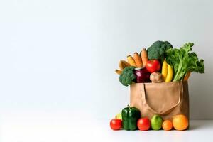 AI generated Delivery healthy food background. Vegan vegetarian food in paper bag vegetables and fruits on white, copy space, banner.Grocery shopping food supermarket and clean vegan eating concept. photo