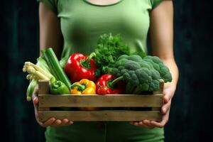 ai generado mujer vistiendo guantes con Fresco vegetales en el caja en su manos. cerca arriba. generativo ai. foto