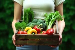 AI generated Woman wearing gloves with fresh vegetables in the box in her hands. Close up. generative ai. photo