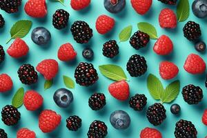 AI generated Colorful fruit pattern of wild berries on blue background. Raspberries, blueberries and blackberries. Top view. Flat lay. generative ai. photo
