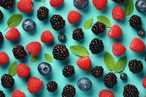 AI generated Colorful fruit pattern of wild berries on blue background. Raspberries, blueberries and blackberries. Top view. Flat lay. generative ai. photo