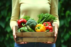 AI generated Woman wearing gloves with fresh vegetables in the box in her hands. Close up. generative ai. photo