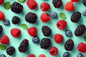 AI generated Colorful fruit pattern of wild berries on blue background. Raspberries, blueberries and blackberries. Top view. Flat lay. generative ai. photo