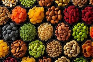 AI generated colorful dried fruits, assorted nuts and seeds background. mixed raw food for snacking, top view. generative ai. photo