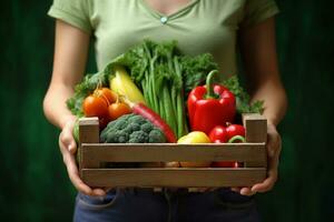 ai generado mujer vistiendo guantes con Fresco vegetales en el caja en su manos. cerca arriba. generativo ai. foto