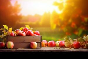 AI generated Apples In Wooden Crate On Table At Sunset. Autumn And Harvest Concept. generative ai. photo