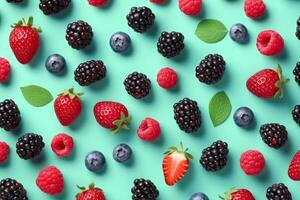 AI generated Colorful fruit pattern of wild berries on blue background. Raspberries, blueberries and blackberries. Top view. Flat lay. generative ai. photo