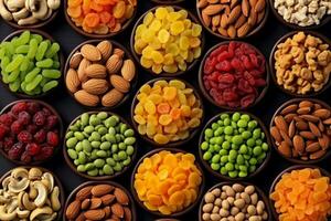 AI generated colorful dried fruits, assorted nuts and seeds background. mixed raw food for snacking, top view. generative ai. photo