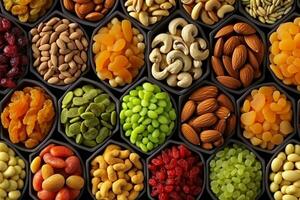 AI generated colorful dried fruits, assorted nuts and seeds background. mixed raw food for snacking, top view. generative ai. photo