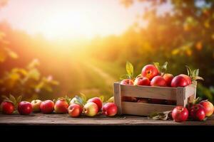 ai generado manzanas en de madera caja en mesa a puesta de sol. otoño y cosecha concepto. generativo ai. foto