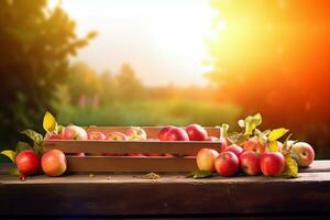 AI generated Apples In Wooden Crate On Table At Sunset. Autumn And Harvest Concept. generative ai. photo