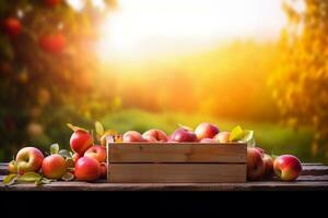 ai generado manzanas en de madera caja en mesa a puesta de sol. otoño y cosecha concepto. generativo ai. foto