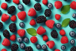 AI generated Colorful fruit pattern of wild berries on blue background. Raspberries, blueberries and blackberries. Top view. Flat lay. generative ai. photo