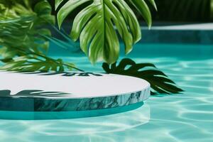 AI generated Summer background with marble podium in pool water and monstera leaf shade. Luxury hotel resort for product placement. generative ai. photo