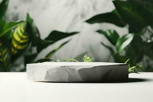 AI generated Stone product display podium with blurred nature leaves background. 3D rendering. generative ai. photo