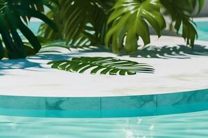 AI generated Summer background with marble podium in pool water and monstera leaf shade. Luxury hotel resort for product placement. generative ai. photo