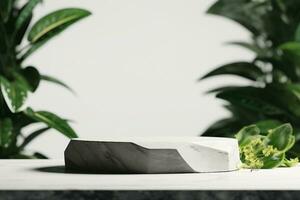 AI generated Stone product display podium with blurred nature leaves background. 3D rendering. generative ai. photo