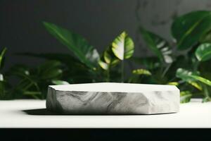 AI generated Stone product display podium with blurred nature leaves background. 3D rendering. generative ai. photo