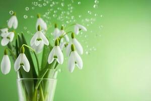 AI generated a bouquet of snowdrops in a transparent tequila glass. splashes of water on petals. first spring flowers. forest. hello spring. women's day concept. green blur background. generative ai. photo