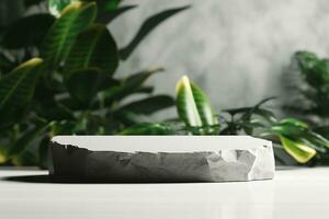 AI generated Stone product display podium with blurred nature leaves background. 3D rendering. generative ai. photo
