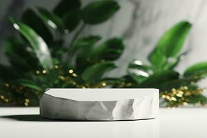 AI generated Stone product display podium with blurred nature leaves background. 3D rendering. generative ai. photo