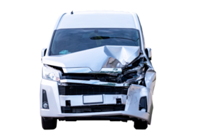 Front view of white van get damaged by accident on the road. damaged cars after collision. isolated on transparent background, car crash bumper graphic design element, PNG File