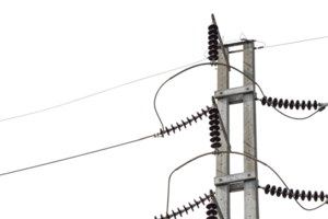High Electric pole isolated on transparent background. Concrete power lines, Electric power transmission. Utility pole Electricity concept. High voltage tower wires, copy space png