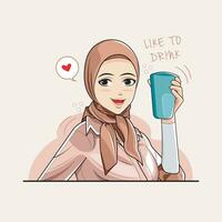 Happy time. A happily young woman in hijab tastes a glass of cold water. Vector illustration