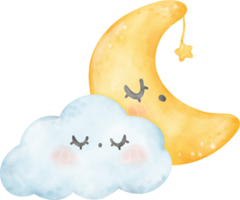 Blue cloud and moon watercolor png