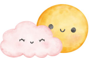 Pink cloud and moon watercolor png