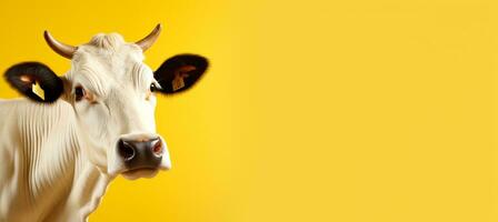 AI generated Styled happy dairy cattle isolated on pastel color background studio fashion shot with copy space photo