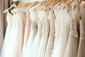 AI generated Exquisite display of beautiful white bridal dresses elegantly hanging on hangers in a boutique salon photo