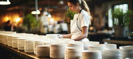 AI generated White tableware close up with woman washing dishes in industrial kitchen, blurred background photo