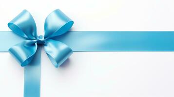 AI generated Blue ribbon bow with long straight ribbon for holiday banner design on white background photo