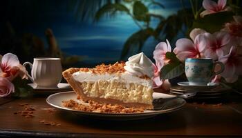 AI generated Delectable coconut cream pie with a velvety filling on a charming rustic wooden background photo