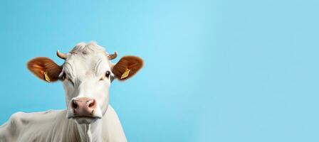 AI generated Fashionable and joyful dairy cattle on pastel background with copy space for text placement photo