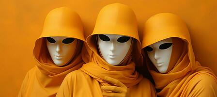 AI generated Group of three women in venetian carnival costumes posing in studio with copy space for text photo