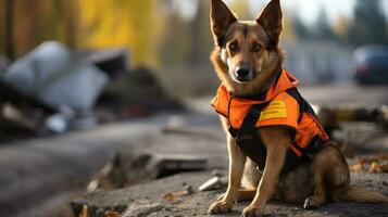 AI generated Rescue dog in signal vest on ruins of destroyed building with copy space for text placement photo