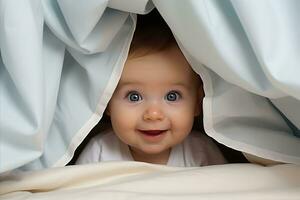 AI generated Innocent child with blue eyes peeking from under white blanket, ideal for text placement photo