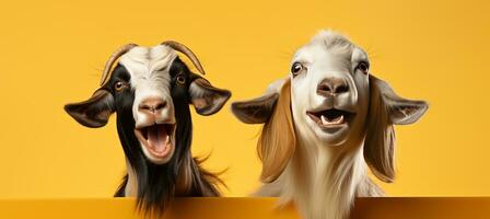 AI generated Stylish happy goats posed on solid pastel color background for fashion studio shot with copy space photo