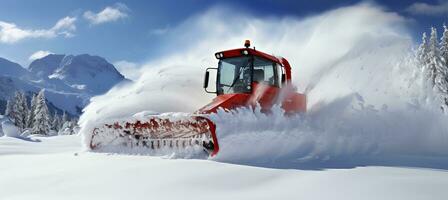 ai generado eficiente nieve soplador coche efectivamente borra pesado nevada desde el la carretera durante invierno temporada foto