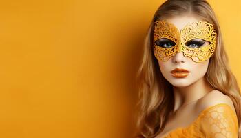 AI generated Mysterious young woman wearing carnival mask on vibrant background with space for text photo