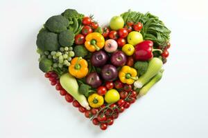 AI generated Colorful heart shaped fruit and vegetable arrangement on white background, top view perspective photo