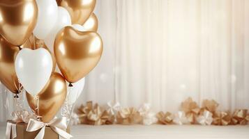 AI generated Golden metallic balloons, confetti, and ribbons on blurred background   festive card with text space photo