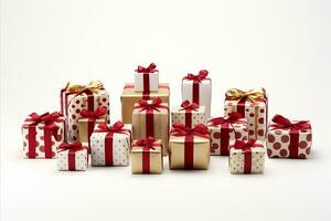 AI generated Collection of red and white gift wrapped presents with red and gold ribbon bows on white background photo