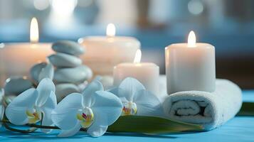 AI generated Tranquil Spa Retreat with Luxurious Soft Light Blue Towels for Relaxation and Indulgence photo