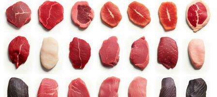 AI generated Variety of different raw steaks, seen from a top view, isolated on a clean white background photo